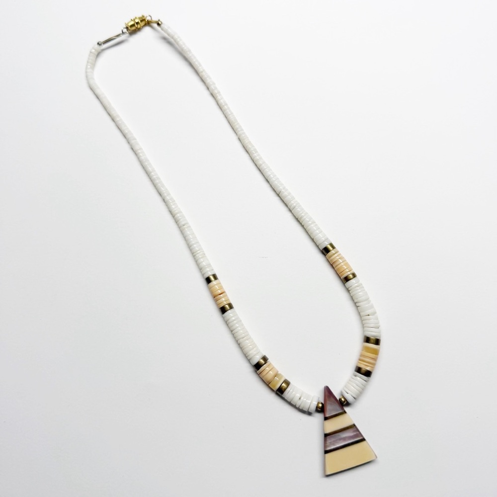 Vintage Puka Shell Abalone Inlay Triangle Pendant Necklace